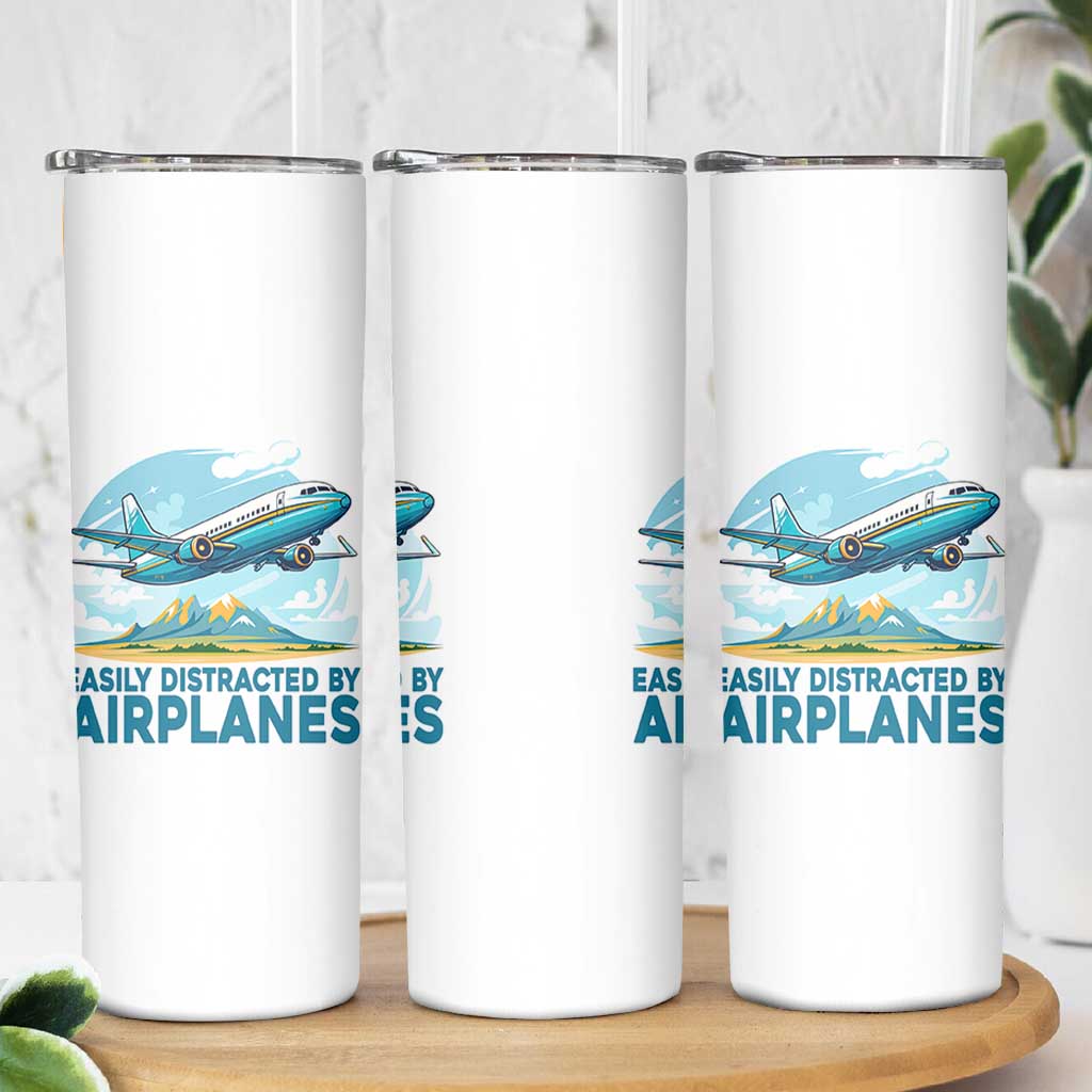 Funny Pilot Aviation Skinny Tumbler Easily Distracted By Airplanes Lover - Wonder Print Shop