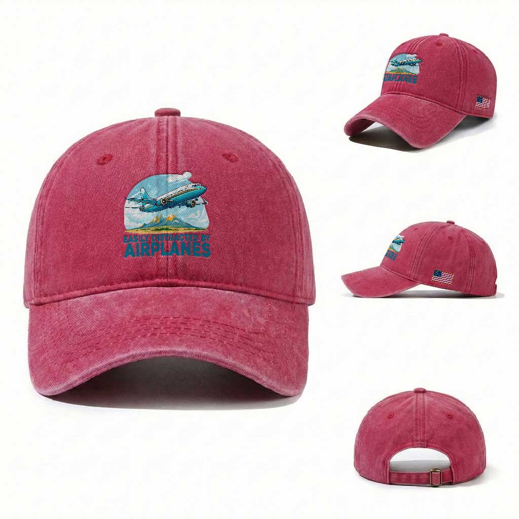 Funny Pilot Aviation Washed Cotton Baseball Cap Easily Distracted By Airplanes Lover