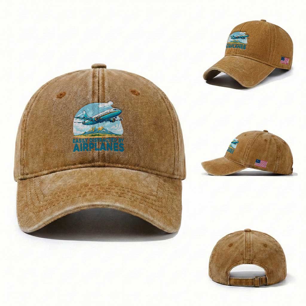Funny Pilot Aviation Washed Cotton Baseball Cap Easily Distracted By Airplanes Lover