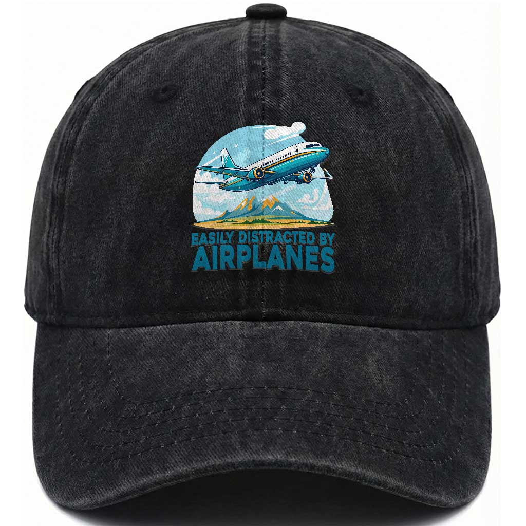 Funny Pilot Aviation Washed Cotton Baseball Cap Easily Distracted By Airplanes Lover