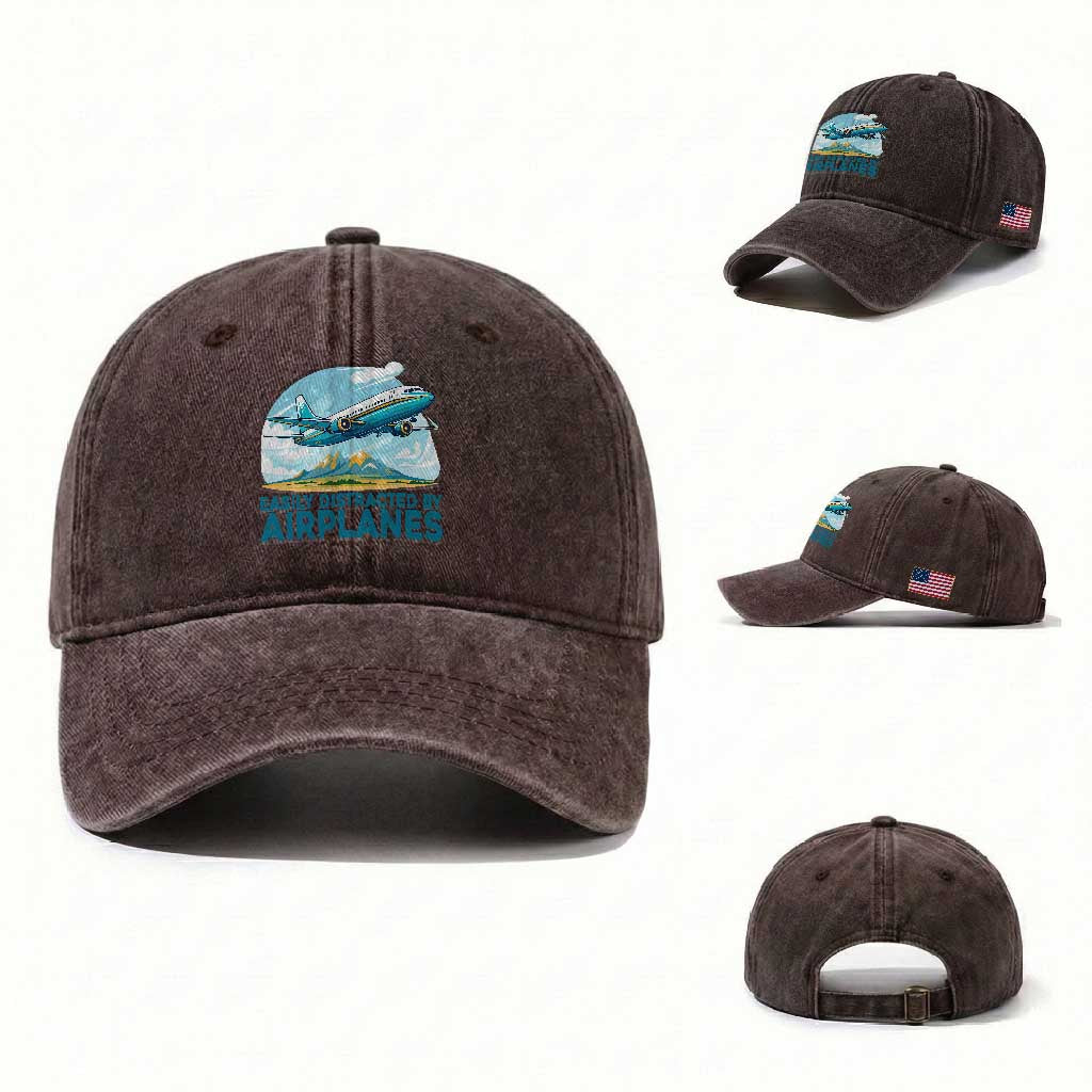 Funny Pilot Aviation Washed Cotton Baseball Cap Easily Distracted By Airplanes Lover