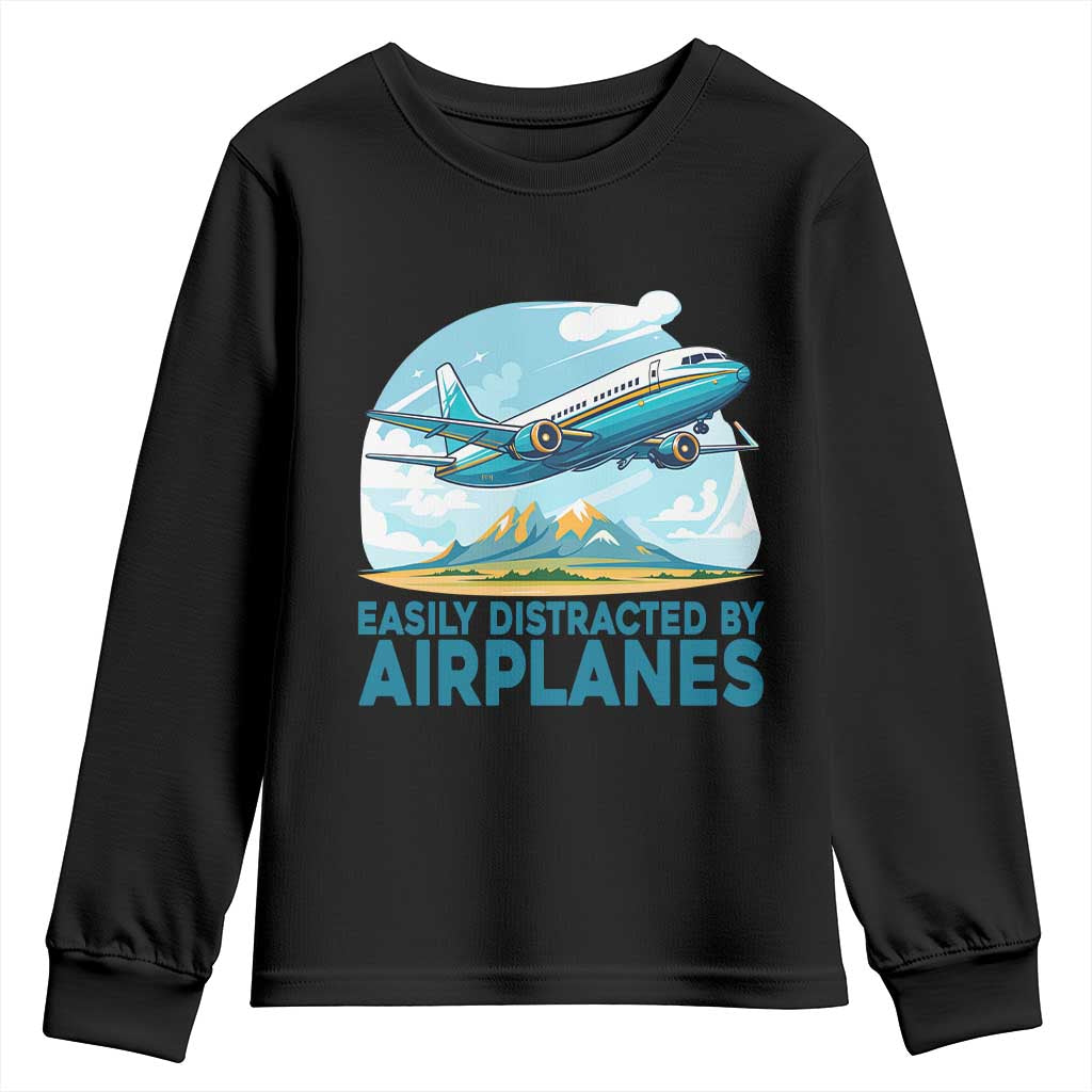 Funny Pilot Aviation Youth Sweatshirt Easily Distracted By Airplanes Lover - Wonder Print Shop