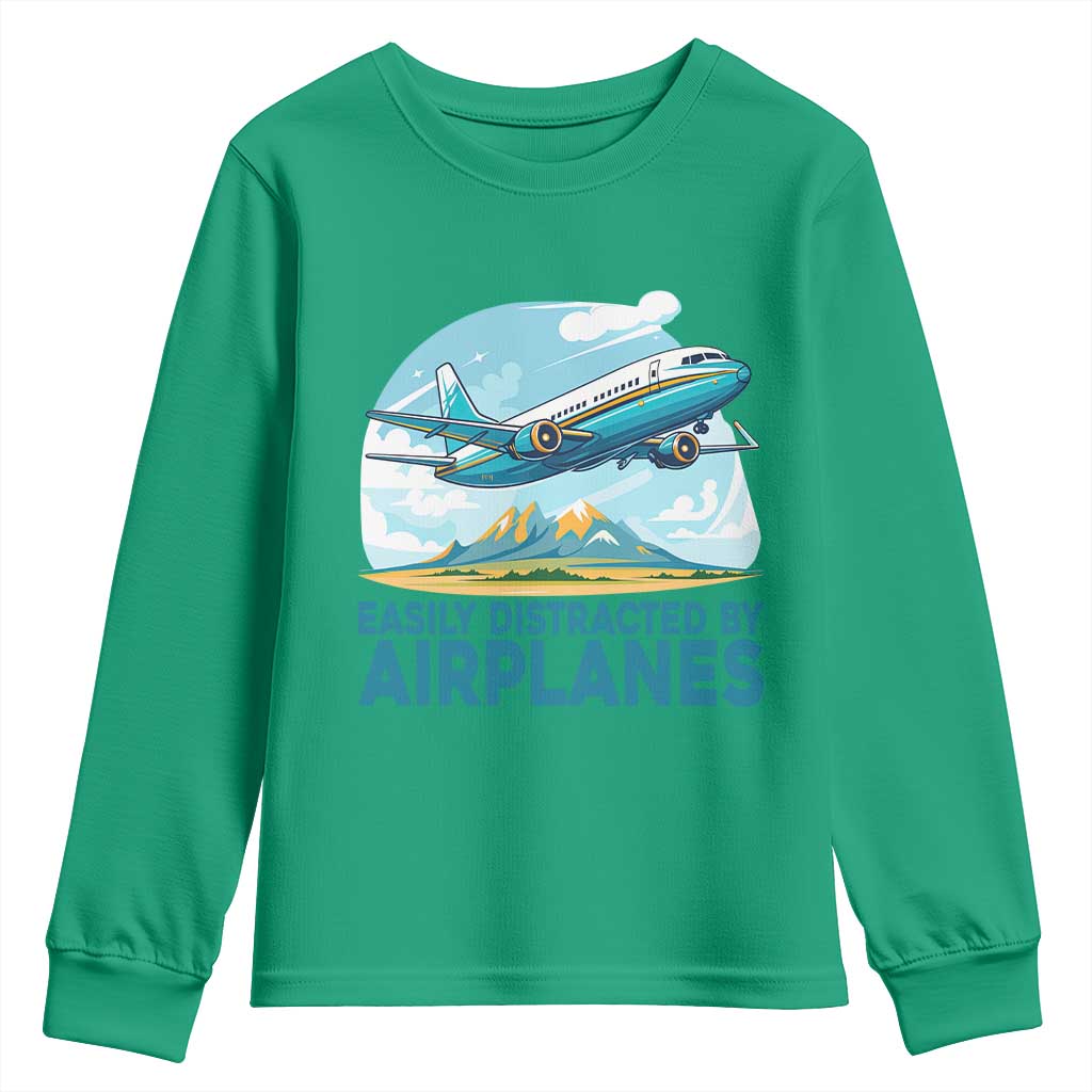 Funny Pilot Aviation Youth Sweatshirt Easily Distracted By Airplanes Lover - Wonder Print Shop