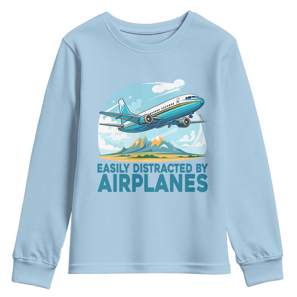 Funny Pilot Aviation Youth Sweatshirt Easily Distracted By Airplanes Lover - Wonder Print Shop