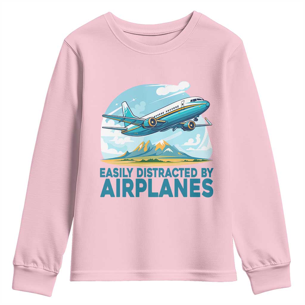 Funny Pilot Aviation Youth Sweatshirt Easily Distracted By Airplanes Lover - Wonder Print Shop