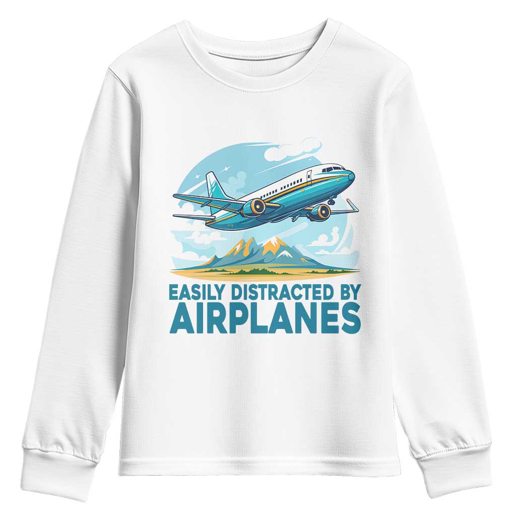 Funny Pilot Aviation Youth Sweatshirt Easily Distracted By Airplanes Lover - Wonder Print Shop