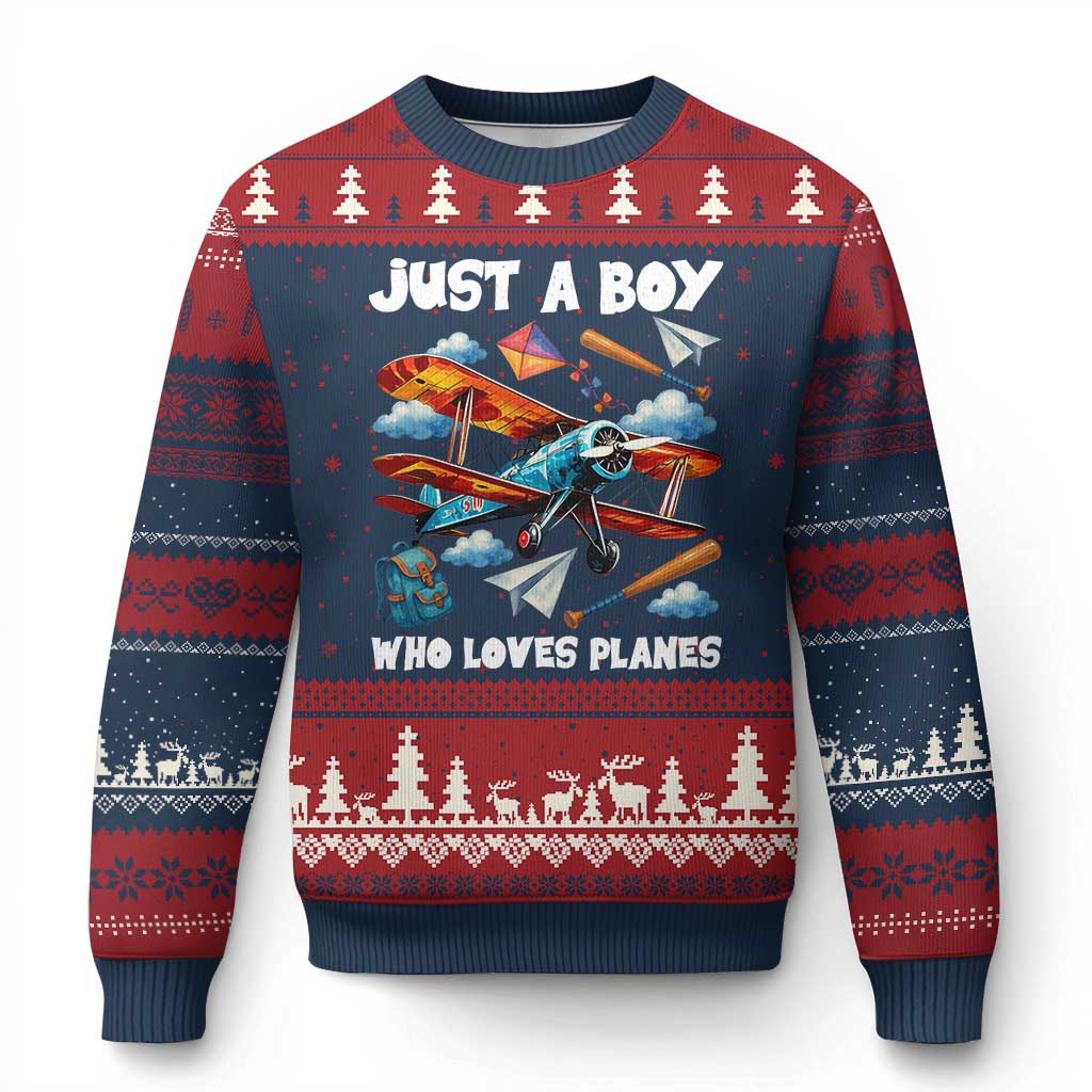 Funny Pilot Airplane Lovers Ugly Christmas Sweater Just A Boy Who Loves Planes - Wonder Print Shop