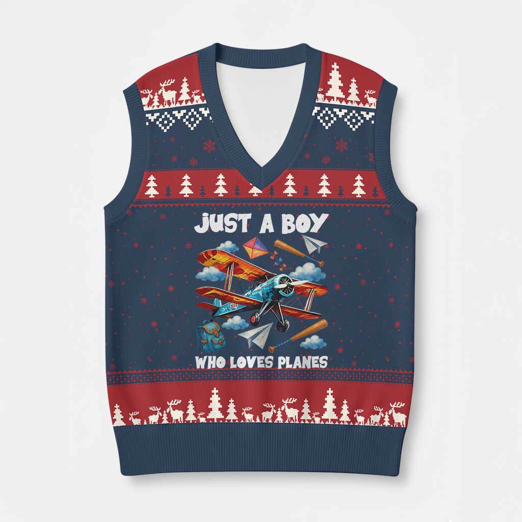 Funny Pilot Airplane Lovers V-Neck Knit Sweater Vest Just A Boy Who Loves Planes - Wonder Print Shop