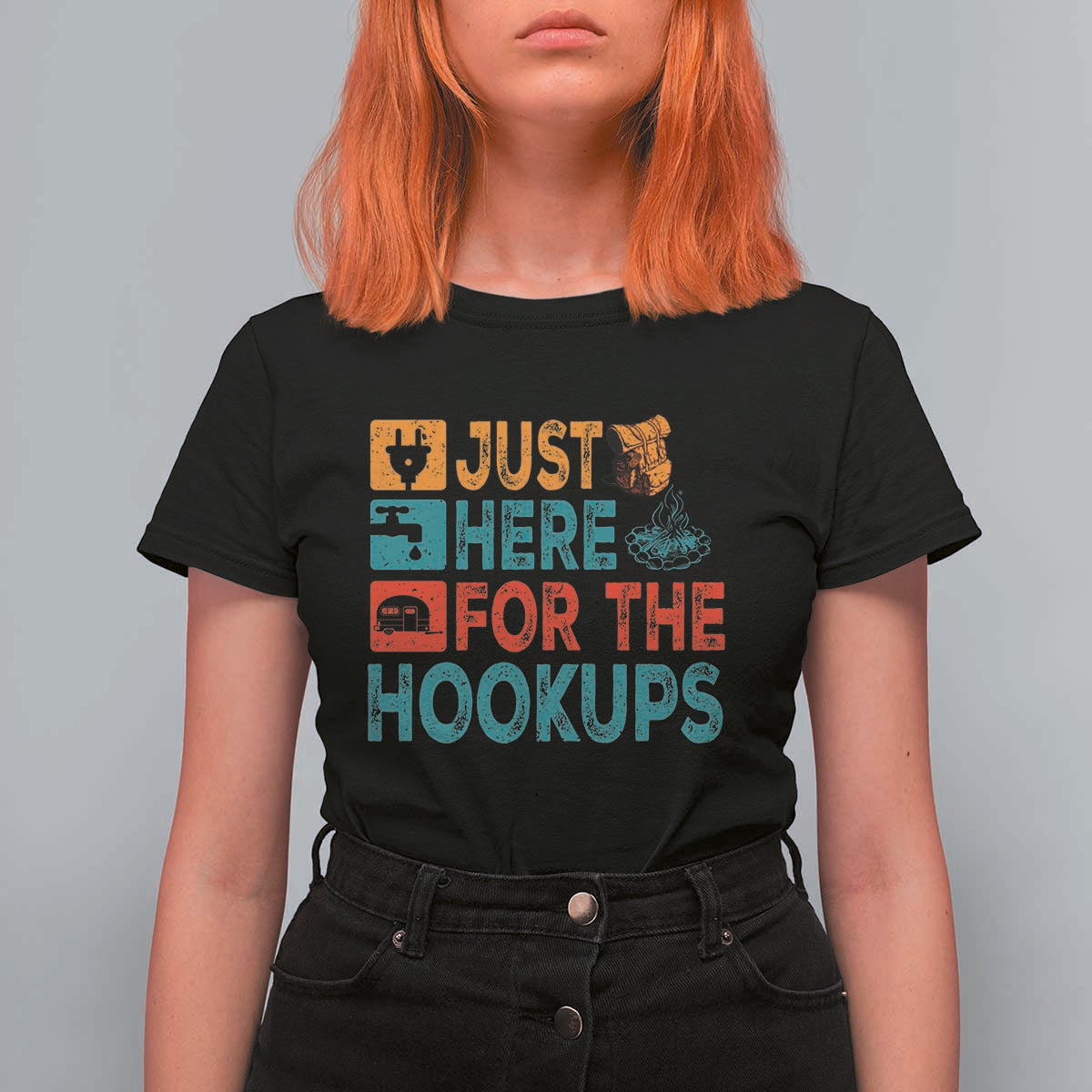 RV Camping Caravan Motorhome T Shirt For Women Just Here For The Hookups - Wonder Print Shop