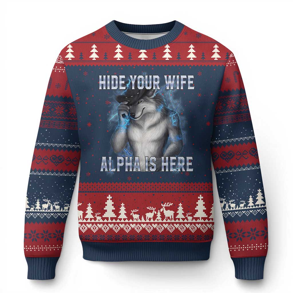 Hide Your Wife The Alpha Is Here Ugly Christmas Sweater Funny Sarcastic Cringe Werewolf Meme