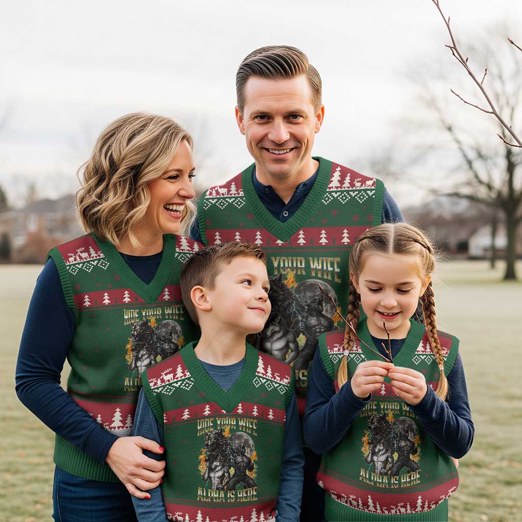 Hide Your Wife The Alpha is Here V-Neck Knit Sweater Vest Cringe Werewolf Alpha Meme Humor
