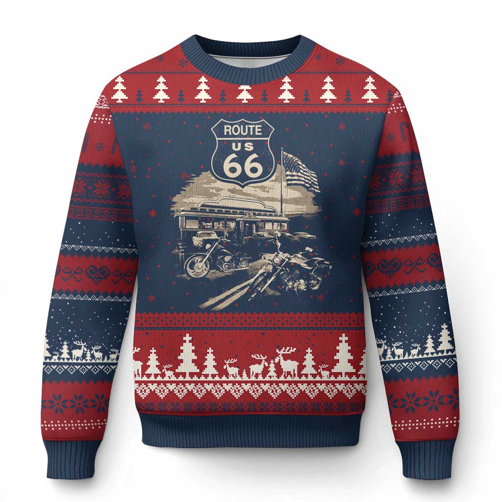 Route Highway 66 100 Year Centennial Motorcycle Americana Road Sign Ugly Christmas Sweater
