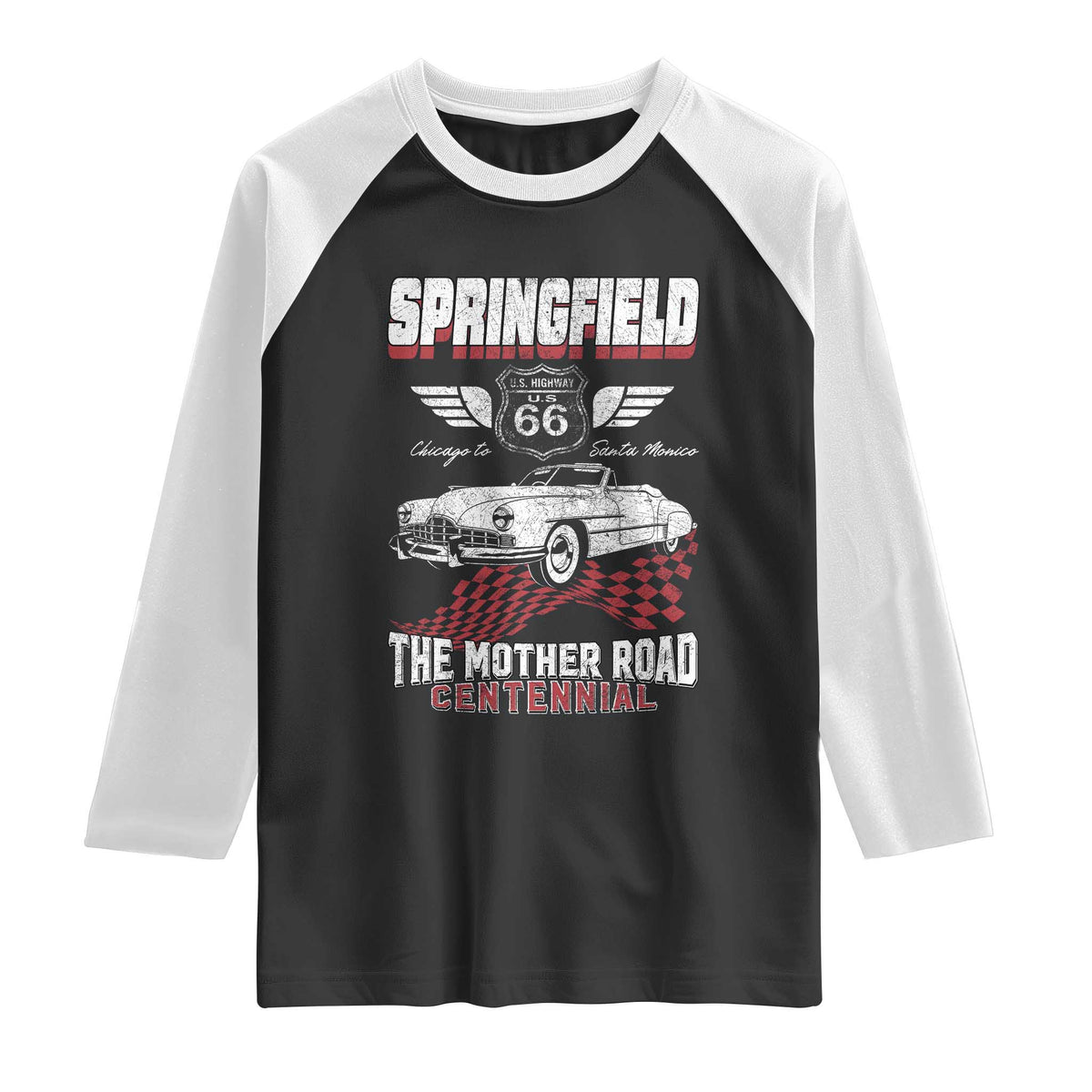 Springfield Missouri US Highway 66 Centennial Keepsake Raglan Shirt Vintage 1950 Classic American Car Convertible