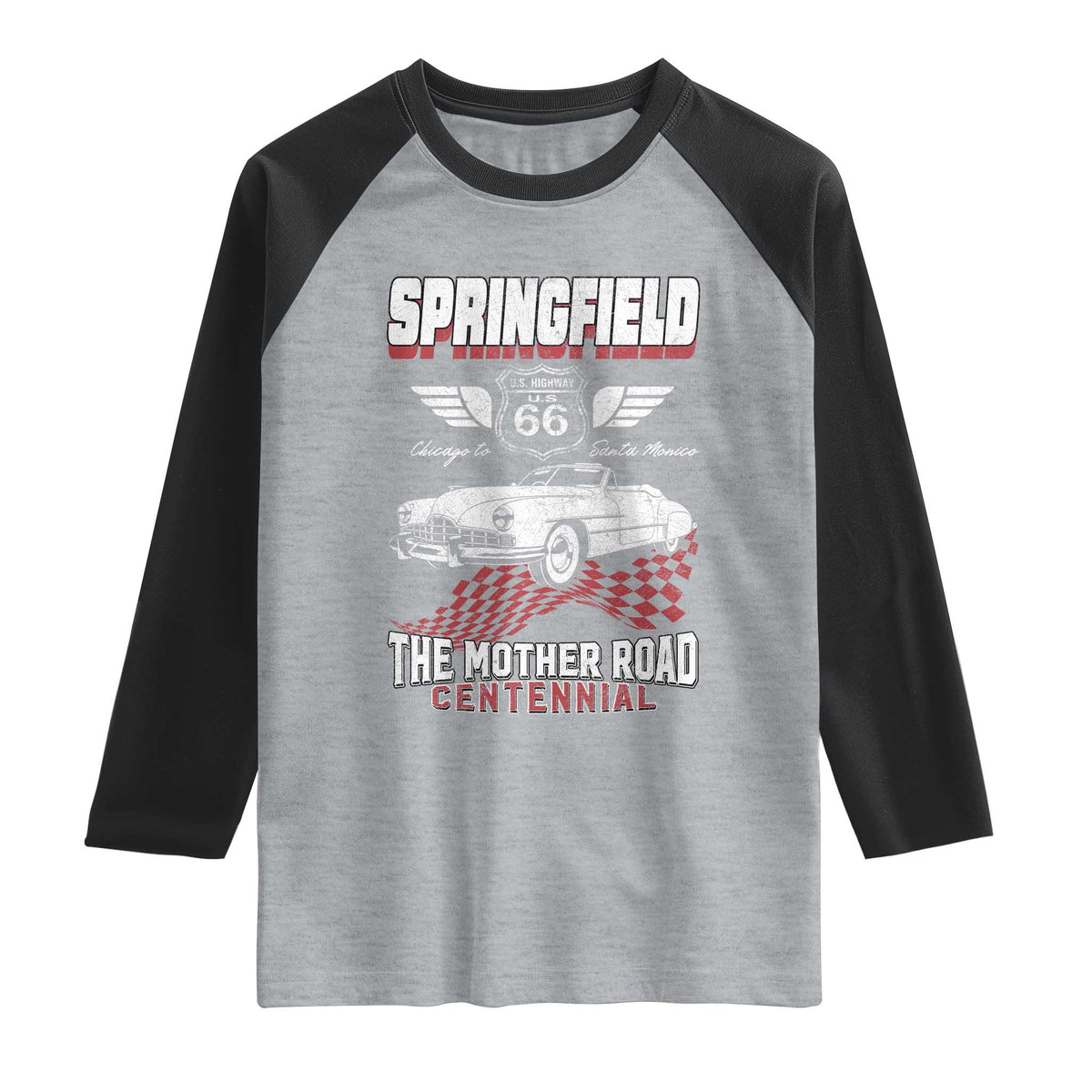 Springfield Missouri US Highway 66 Centennial Keepsake Raglan Shirt Vintage 1950 Classic American Car Convertible