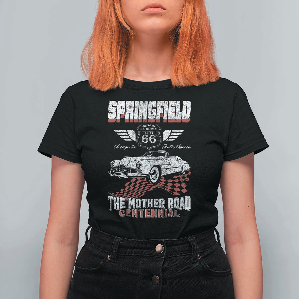 Springfield Missouri US Highway 66 Centennial Keepsake T Shirt For Women Vintage 1950 Classic American Car Convertible