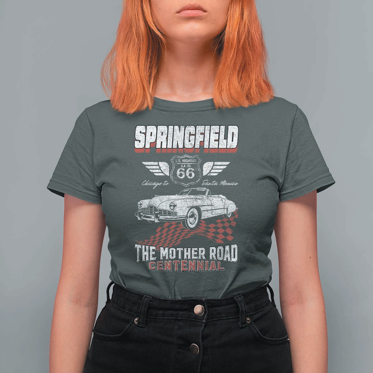 Springfield Missouri US Highway 66 Centennial Keepsake T Shirt For Women Vintage 1950 Classic American Car Convertible