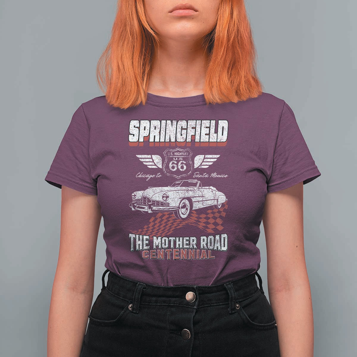 Springfield Missouri US Highway 66 Centennial Keepsake T Shirt For Women Vintage 1950 Classic American Car Convertible