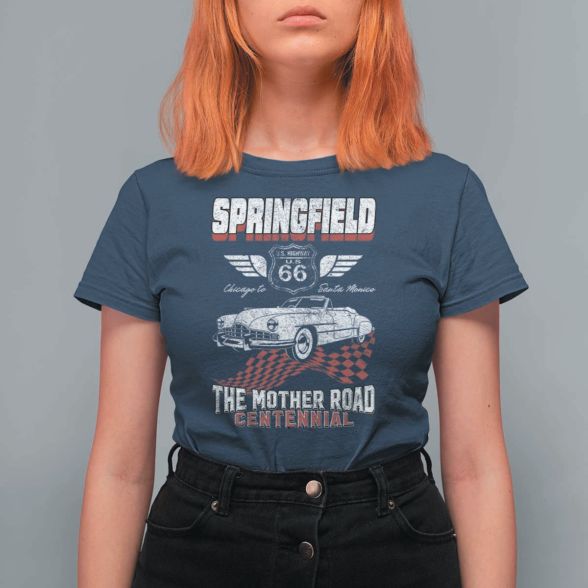 Springfield Missouri US Highway 66 Centennial Keepsake T Shirt For Women Vintage 1950 Classic American Car Convertible