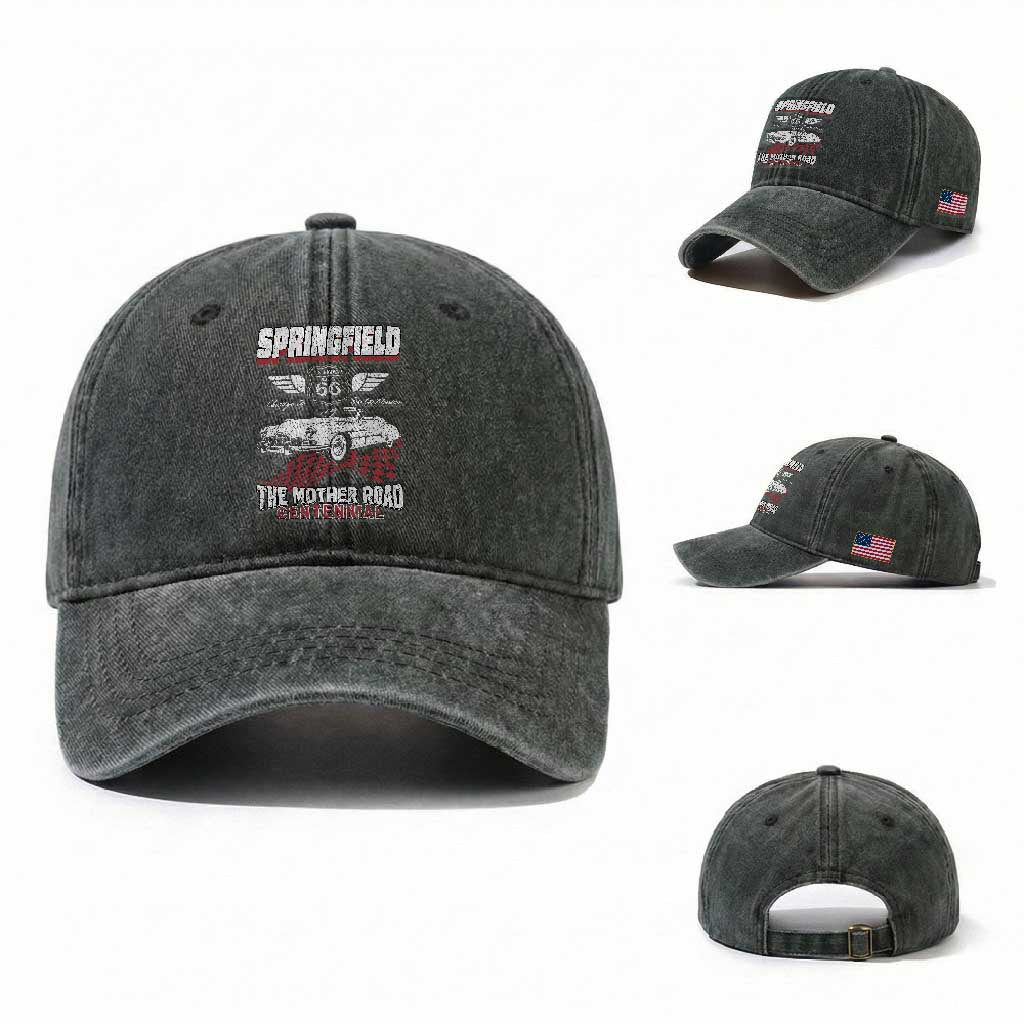 Springfield Missouri US Highway 66 Centennial Keepsake Washed Cotton Baseball Cap Vintage 1950 Classic American Car Convertible