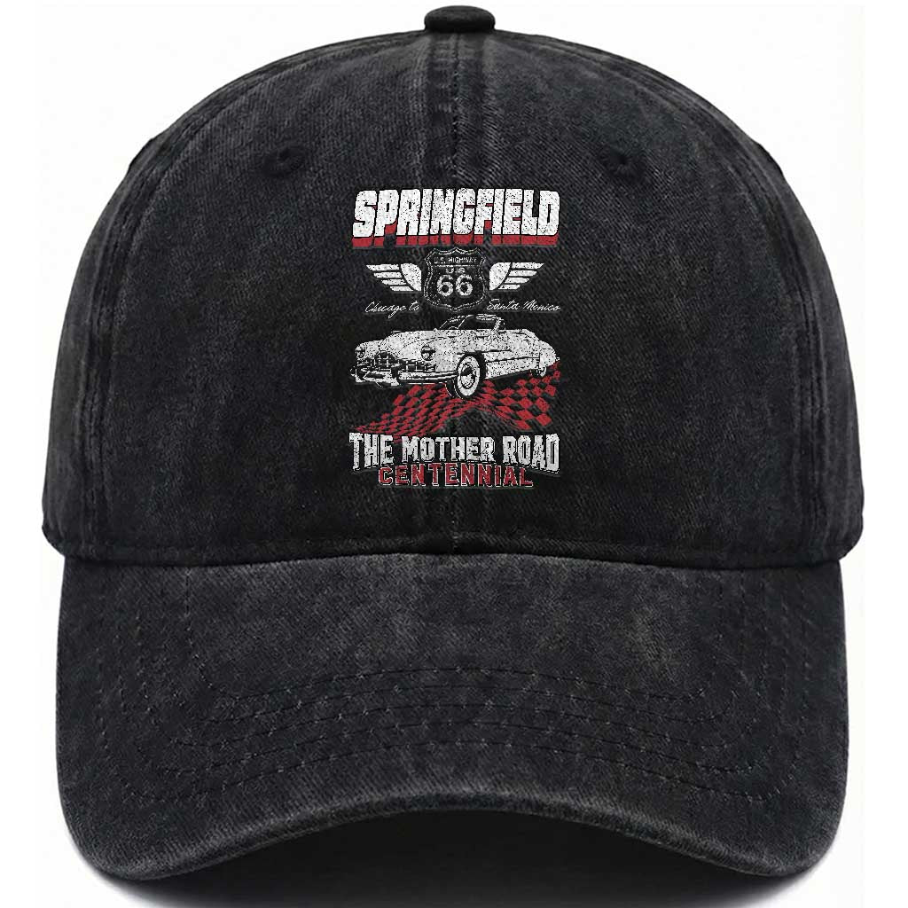 Springfield Missouri US Highway 66 Centennial Keepsake Washed Cotton Baseball Cap Vintage 1950 Classic American Car Convertible