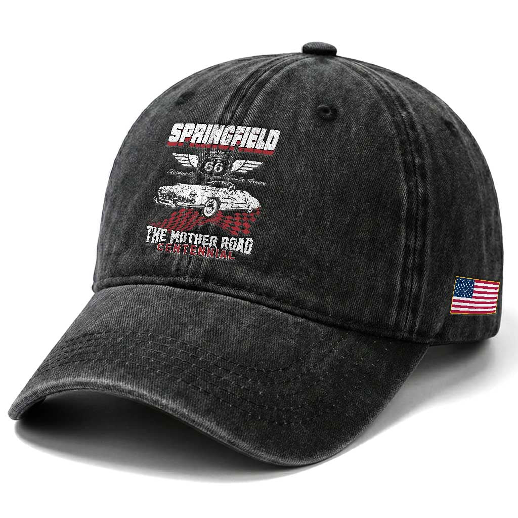 Springfield Missouri US Highway 66 Centennial Keepsake Washed Cotton Baseball Cap Vintage 1950 Classic American Car Convertible