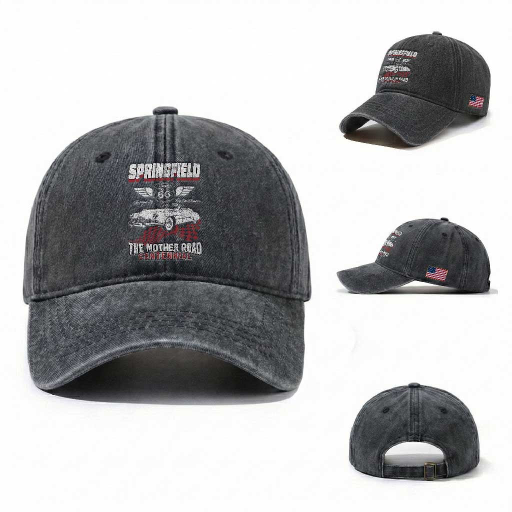 Springfield Missouri US Highway 66 Centennial Keepsake Washed Cotton Baseball Cap Vintage 1950 Classic American Car Convertible
