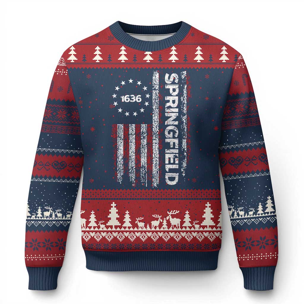Springfield Massachusetts American Flag Established 1636 Ugly Christmas Sweater