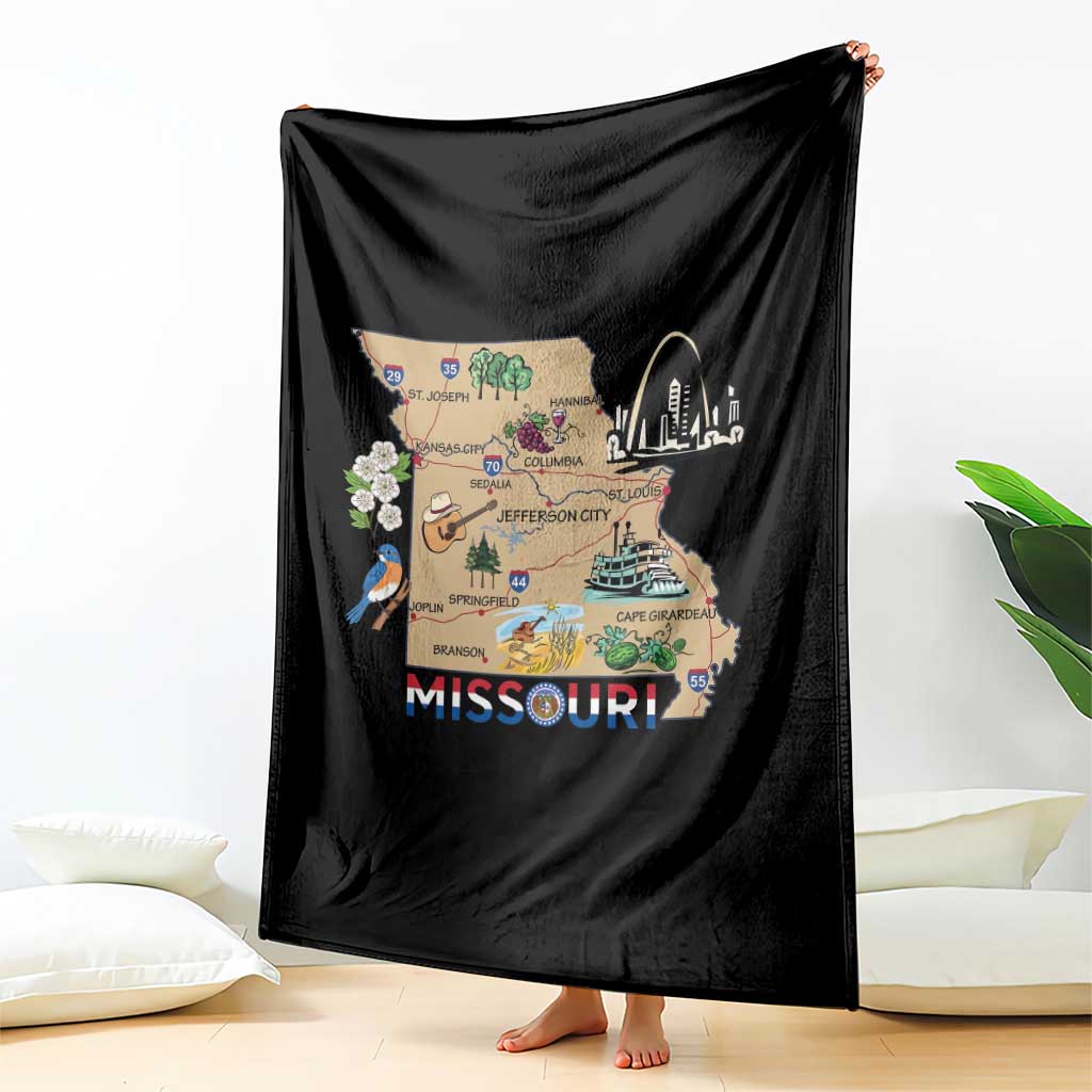 Missouri Map Landmarks Major Cities Roads Flag Throw Blanket