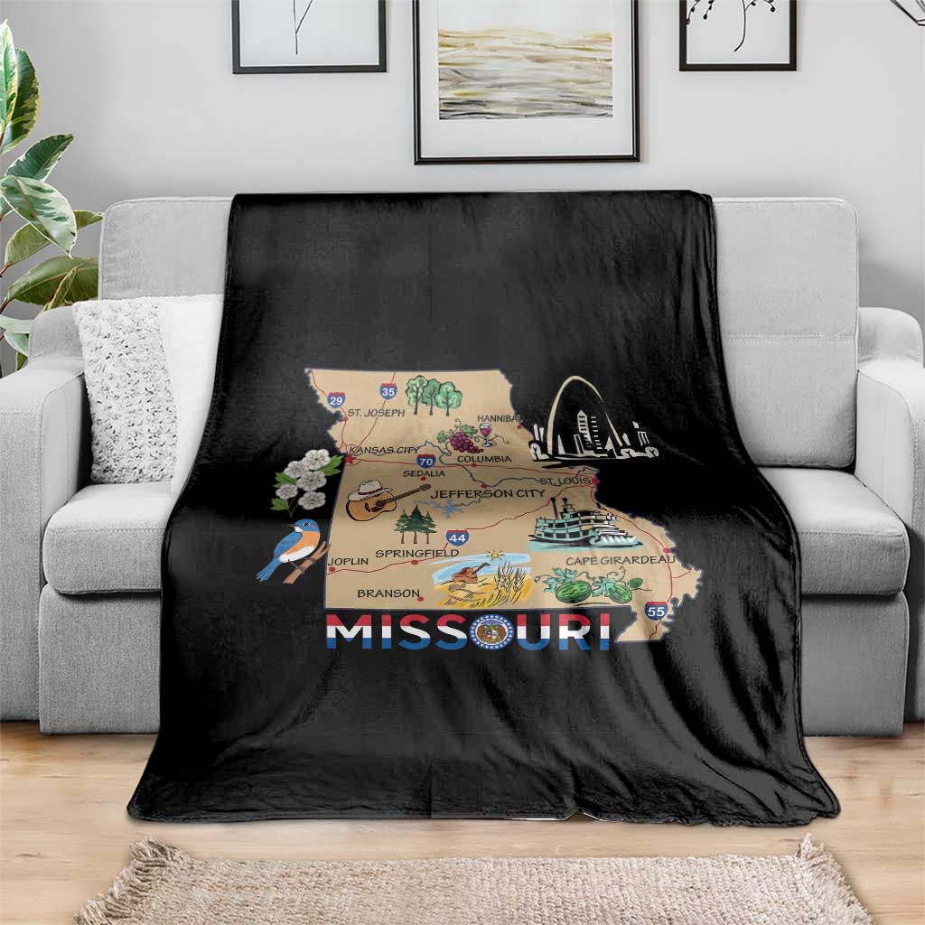 Missouri Map Landmarks Major Cities Roads Flag Throw Blanket
