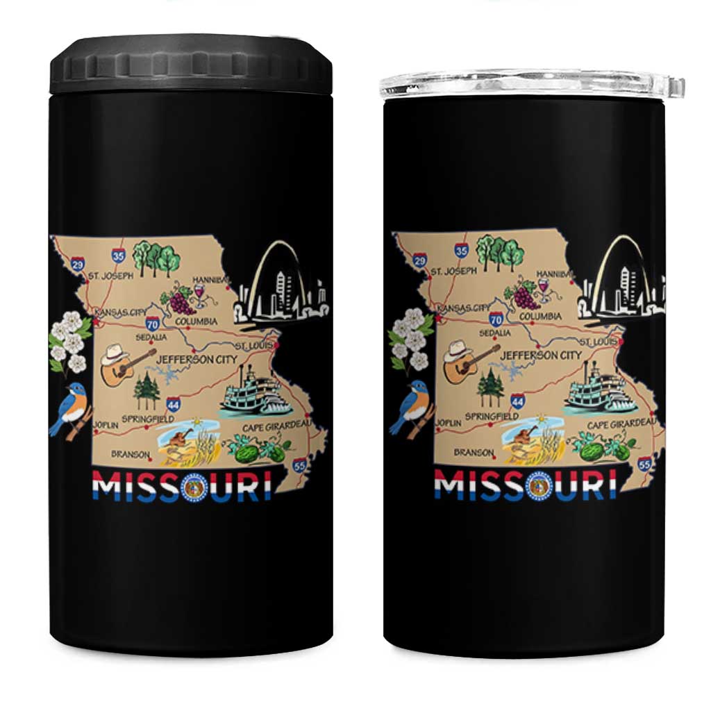Missouri Map Landmarks Major Cities Roads Flag 4 in 1 Can Cooler Tumbler