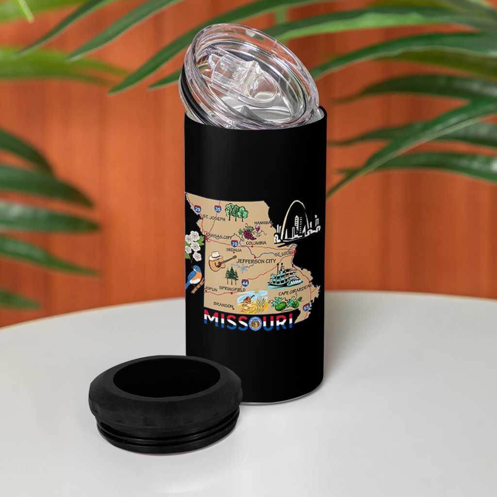 Missouri Map Landmarks Major Cities Roads Flag 4 in 1 Can Cooler Tumbler