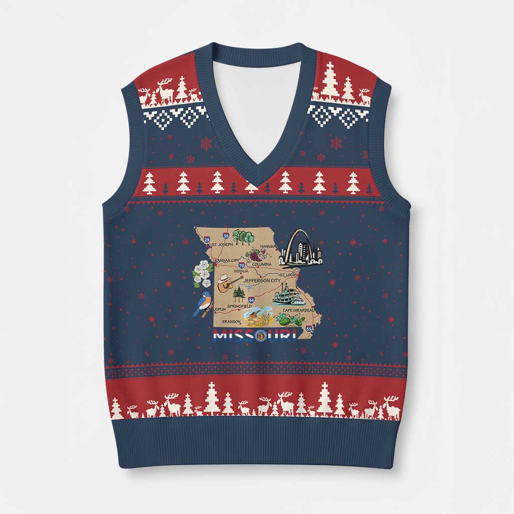 Missouri Map Landmarks Major Cities Roads Flag V-Neck Knit Sweater Vest
