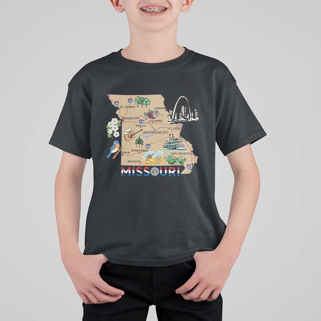 Missouri Map Landmarks Major Cities Roads Flag T Shirt For Kid
