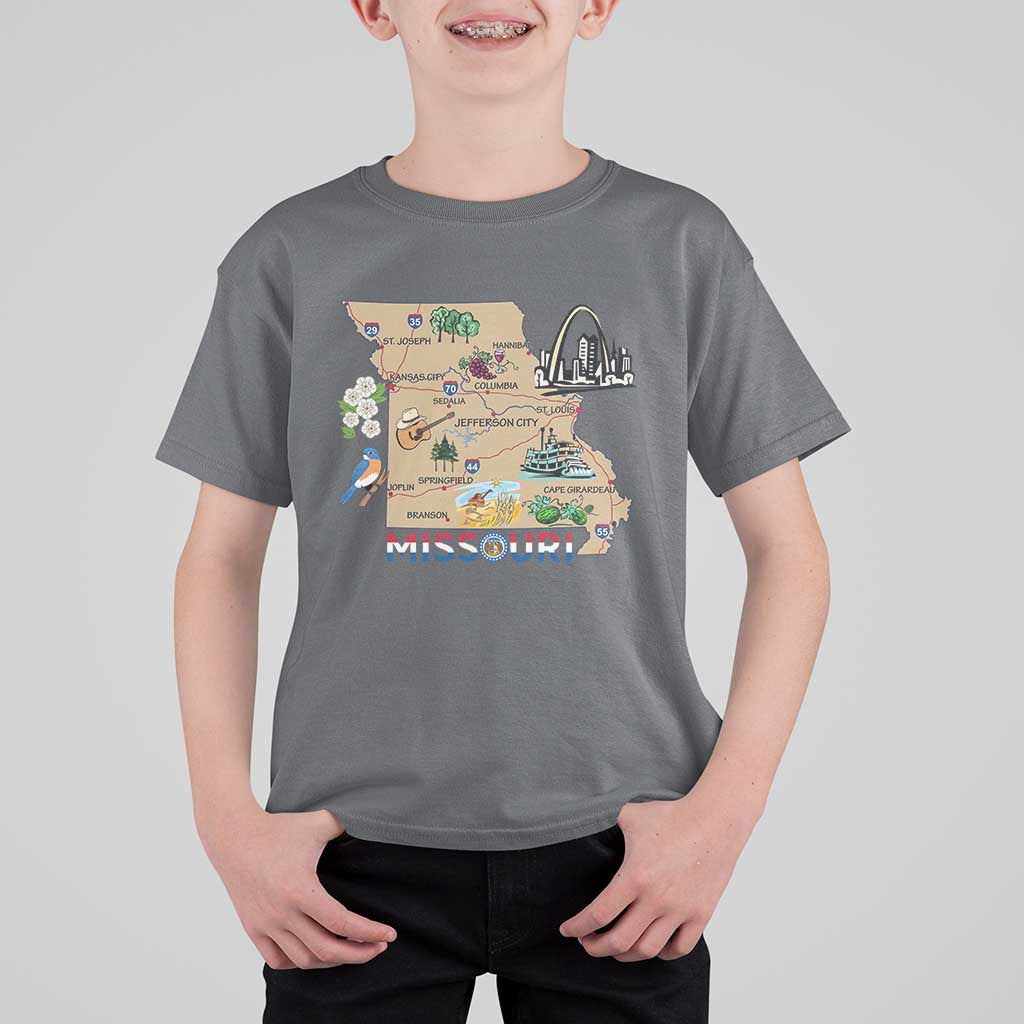 Missouri Map Landmarks Major Cities Roads Flag T Shirt For Kid