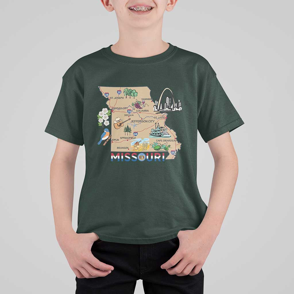 Missouri Map Landmarks Major Cities Roads Flag T Shirt For Kid