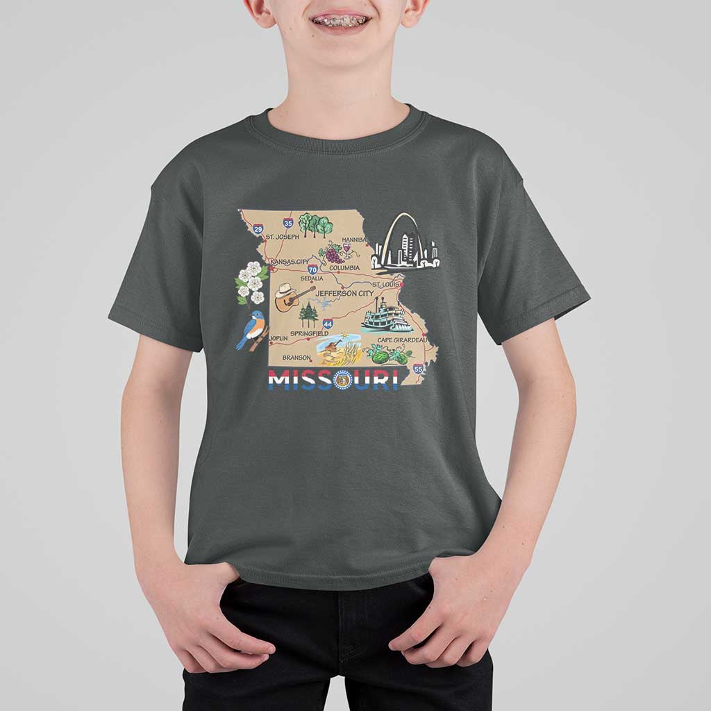 Missouri Map Landmarks Major Cities Roads Flag T Shirt For Kid