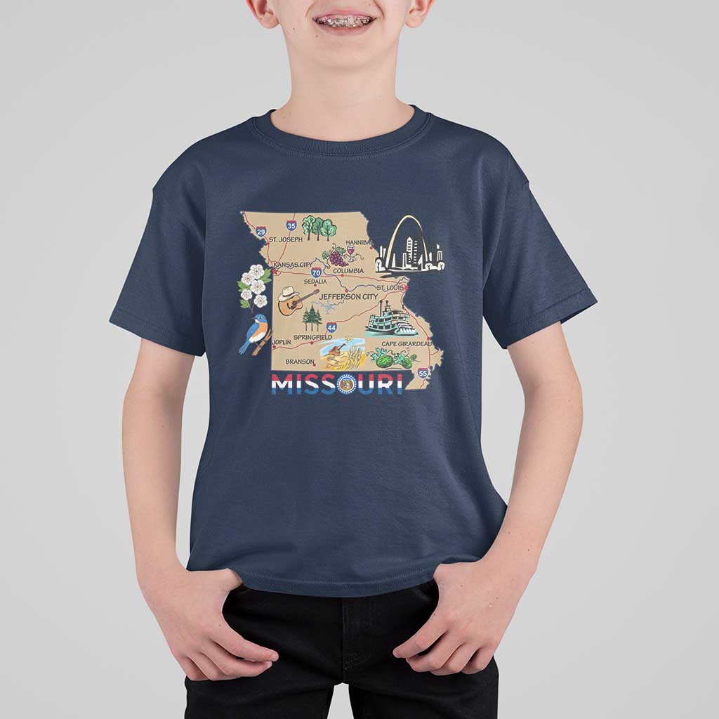 Missouri Map Landmarks Major Cities Roads Flag T Shirt For Kid