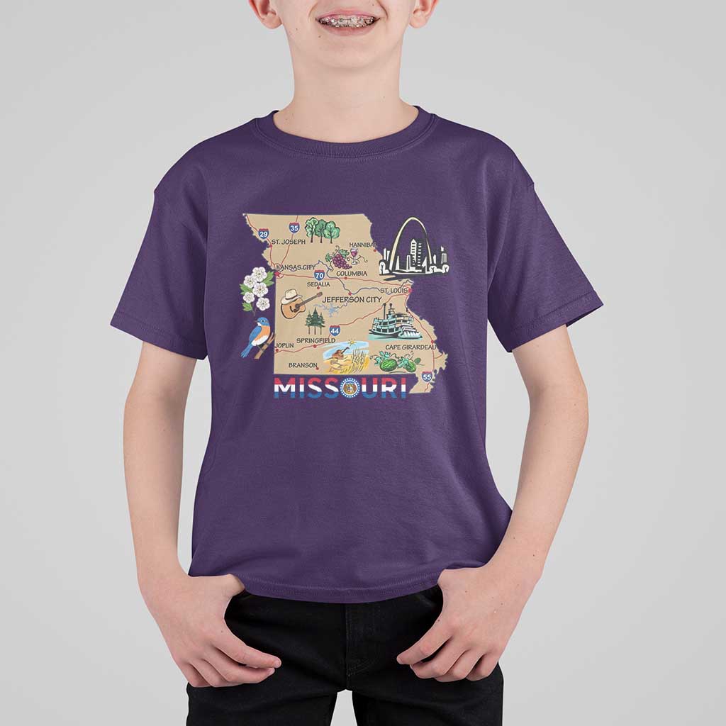 Missouri Map Landmarks Major Cities Roads Flag T Shirt For Kid