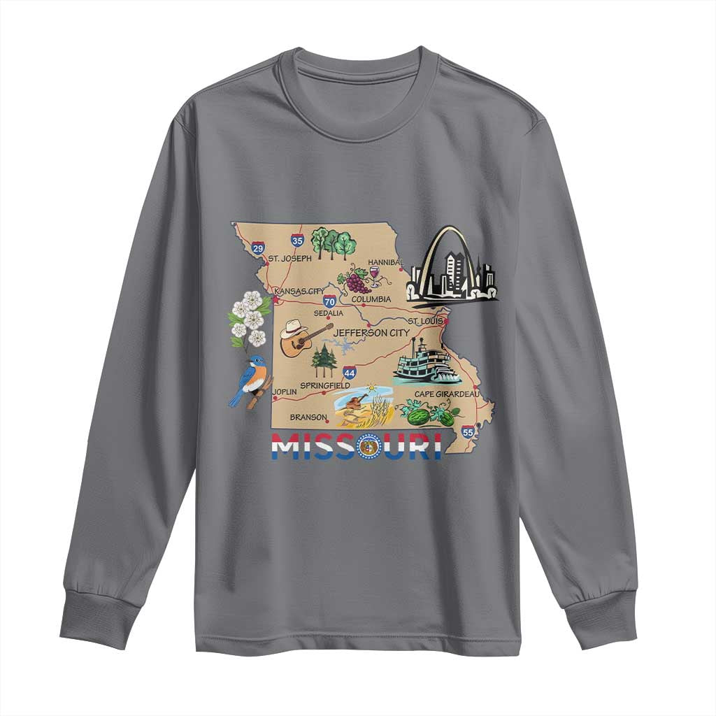 Missouri Map Landmarks Major Cities Roads Flag Long Sleeve Shirt