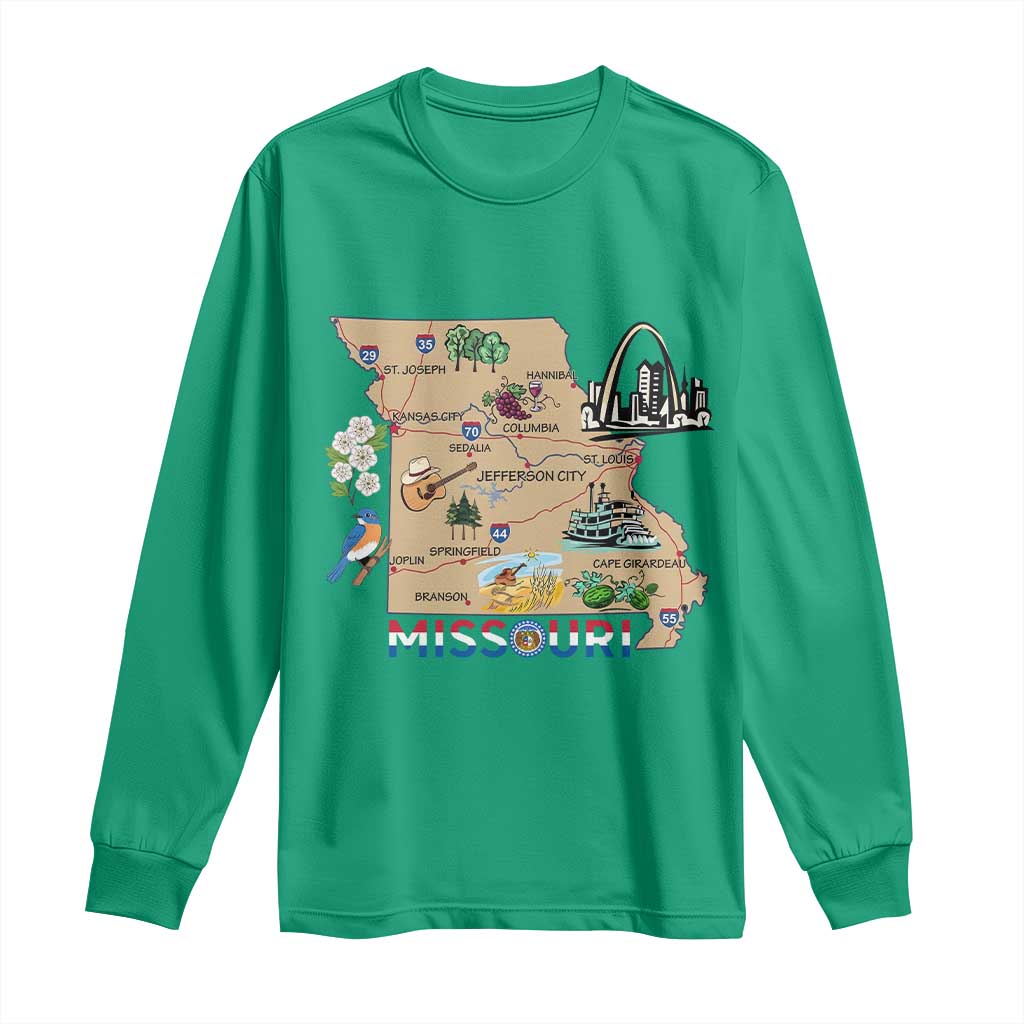 Missouri Map Landmarks Major Cities Roads Flag Long Sleeve Shirt