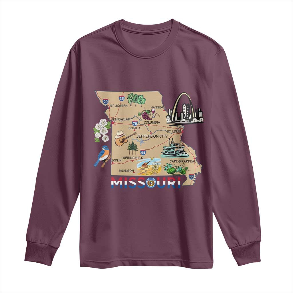 Missouri Map Landmarks Major Cities Roads Flag Long Sleeve Shirt