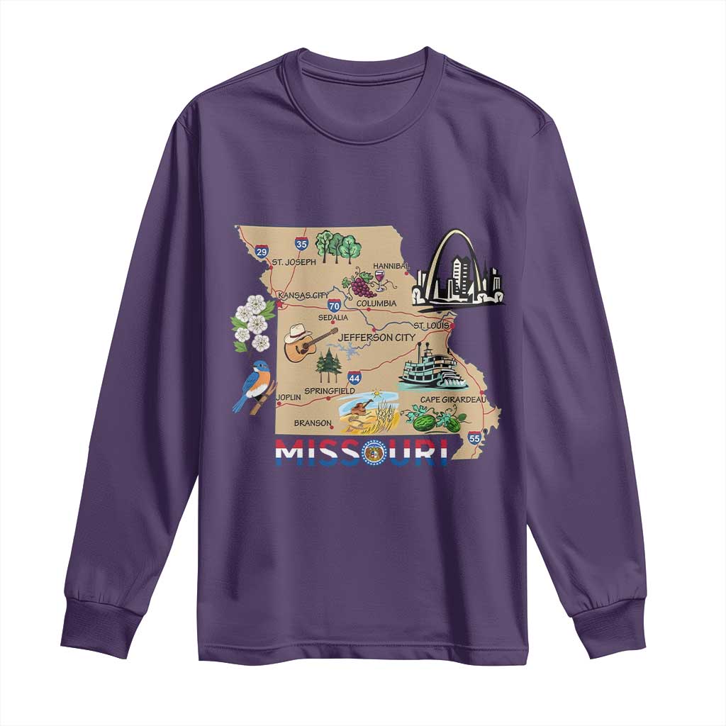 Missouri Map Landmarks Major Cities Roads Flag Long Sleeve Shirt