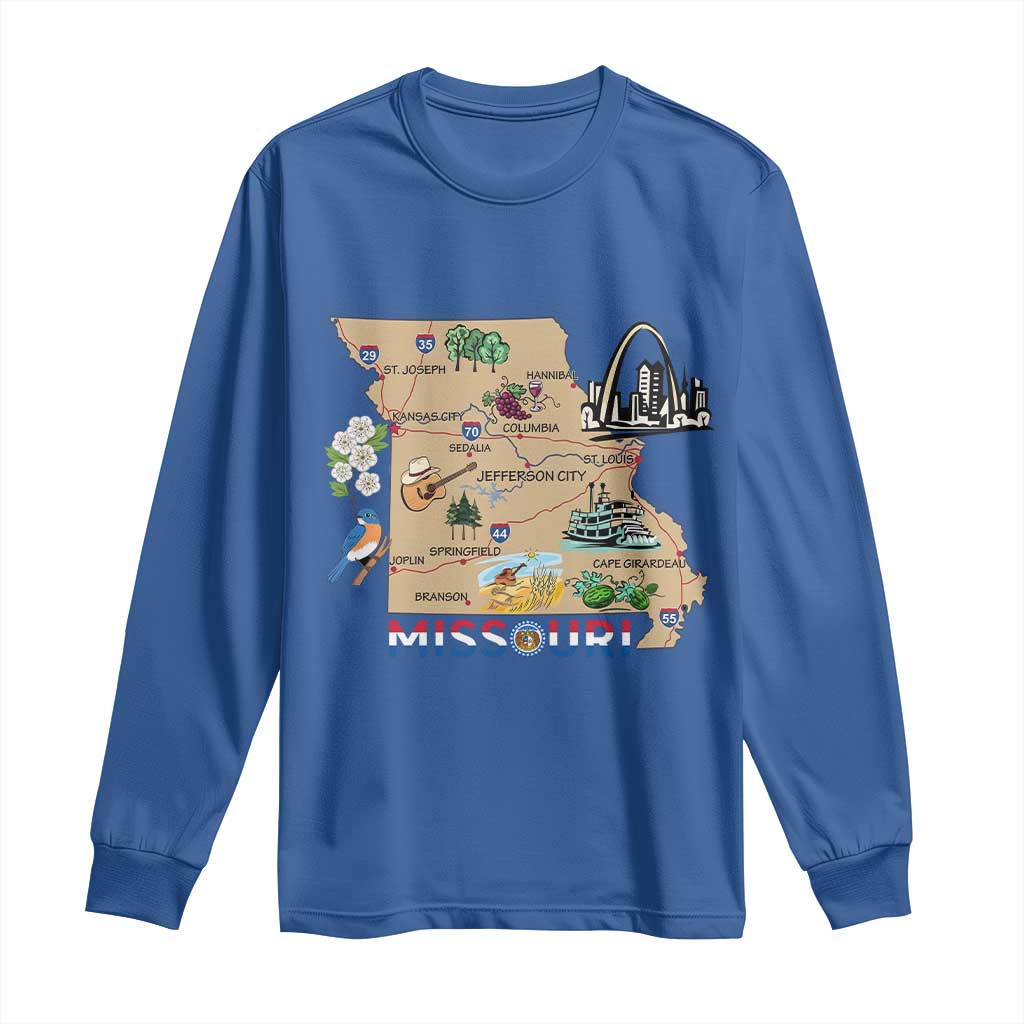Missouri Map Landmarks Major Cities Roads Flag Long Sleeve Shirt
