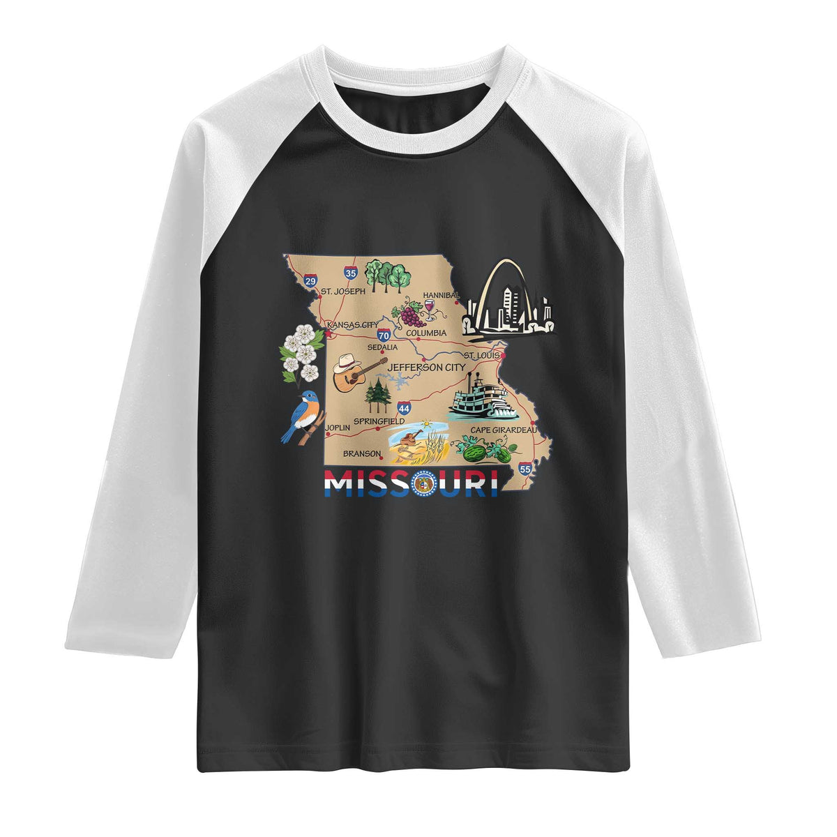 Missouri Map Landmarks Major Cities Roads Flag Raglan Shirt
