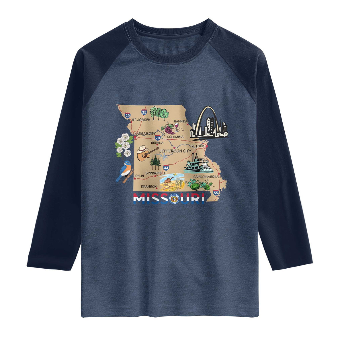 Missouri Map Landmarks Major Cities Roads Flag Raglan Shirt