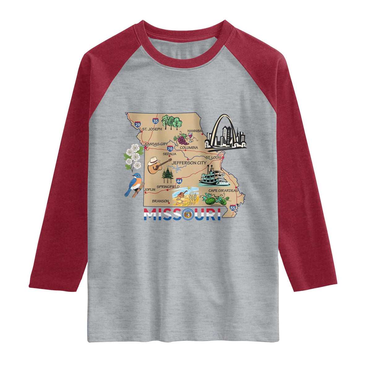 Missouri Map Landmarks Major Cities Roads Flag Raglan Shirt