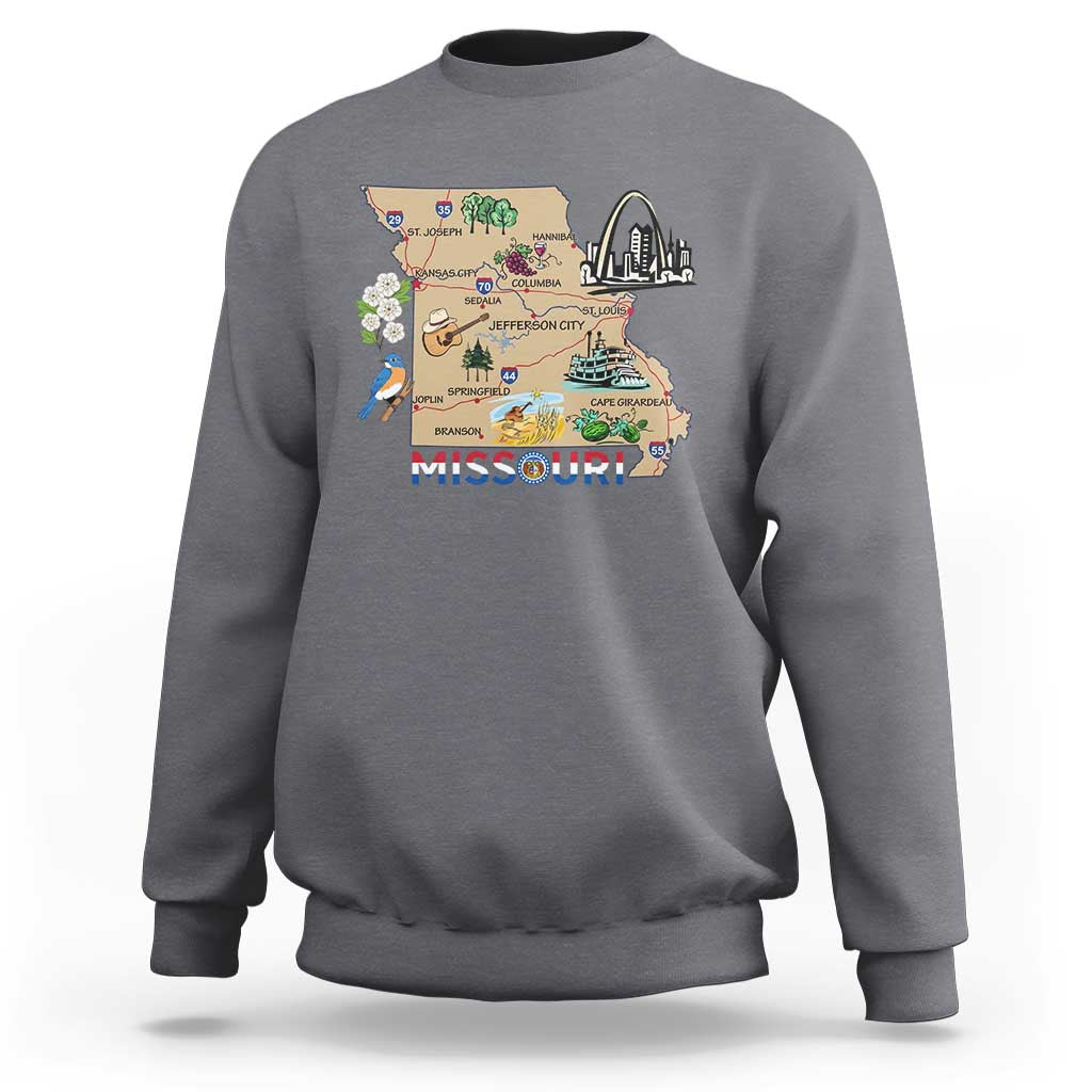 Missouri Map Landmarks Major Cities Roads Flag Sweatshirt