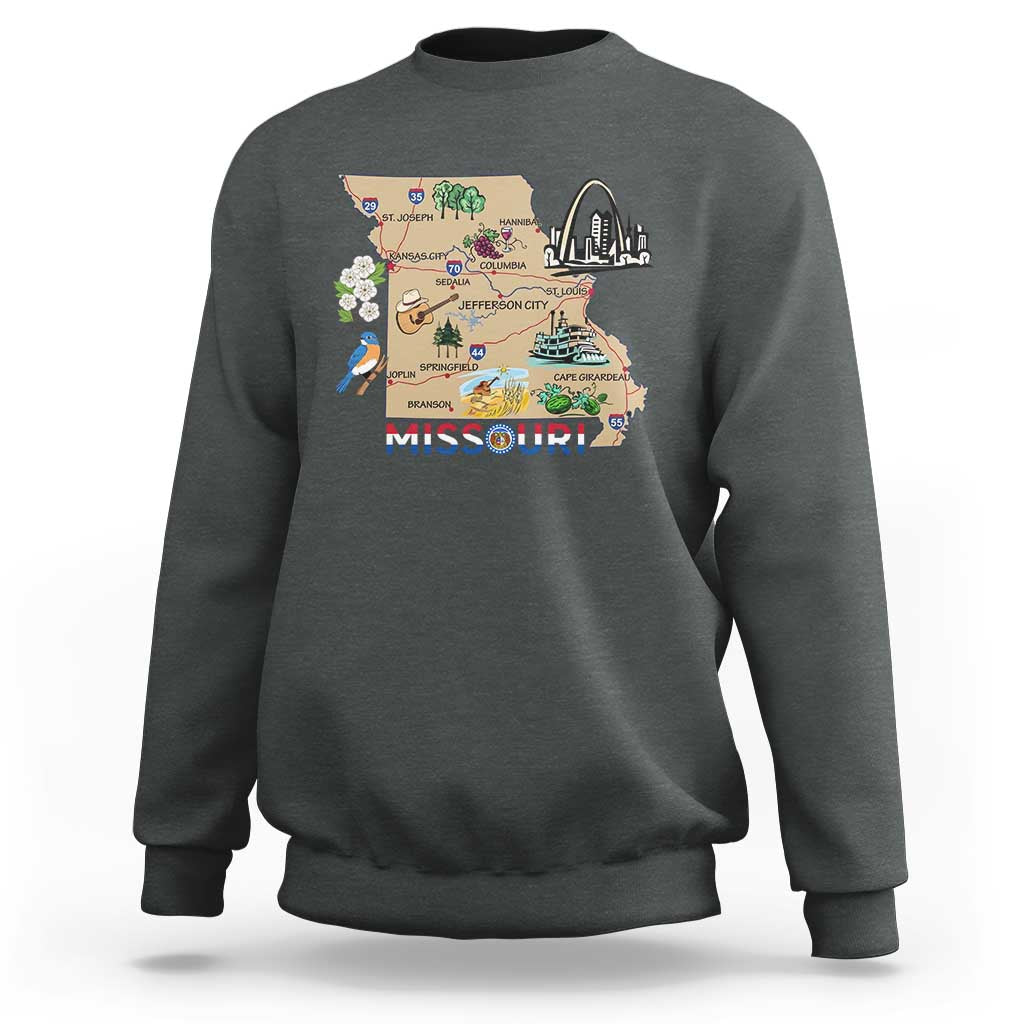 Missouri Map Landmarks Major Cities Roads Flag Sweatshirt