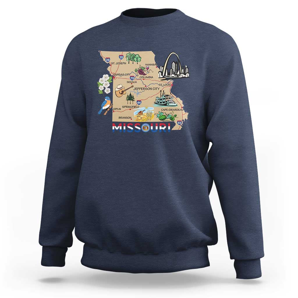 Missouri Map Landmarks Major Cities Roads Flag Sweatshirt