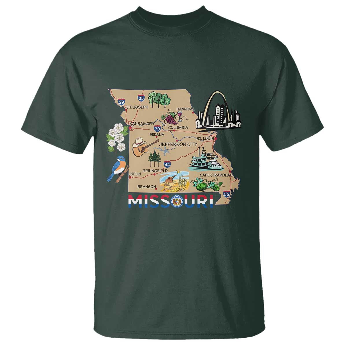 Missouri Map Landmarks Major Cities Roads Flag T Shirt